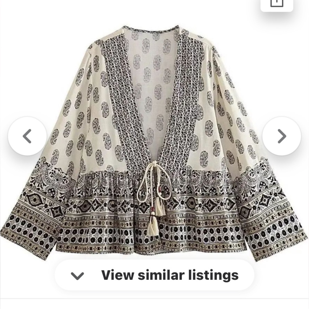 ZARA Linen paisley boho blouse ivory size S - Picture 4 of 17